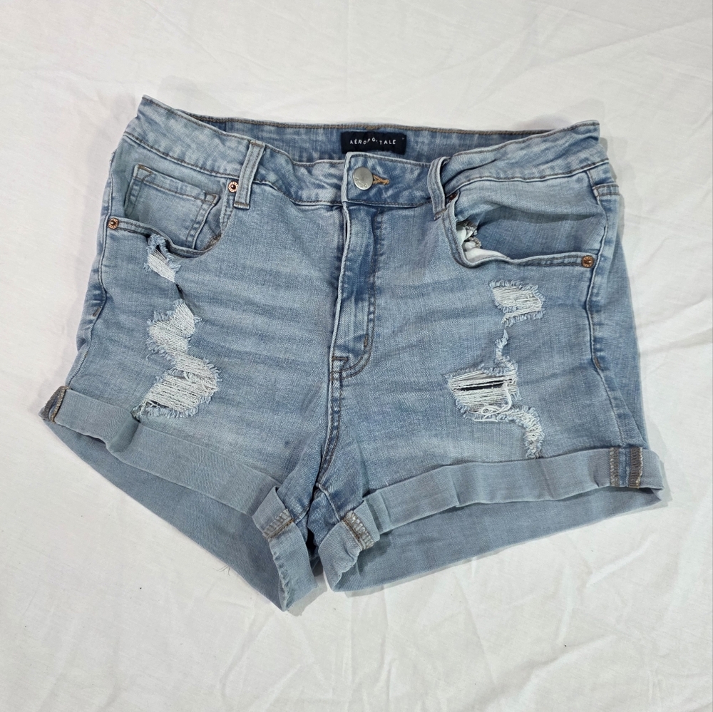 Aeropostale High Rise Midi Distressed Cuffed Denim Jean Shorts Summer Casual. 14